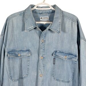 Vintage Columbia Denim Button Up Shirt Mens XXL Blue Long Sleeve Cotton read